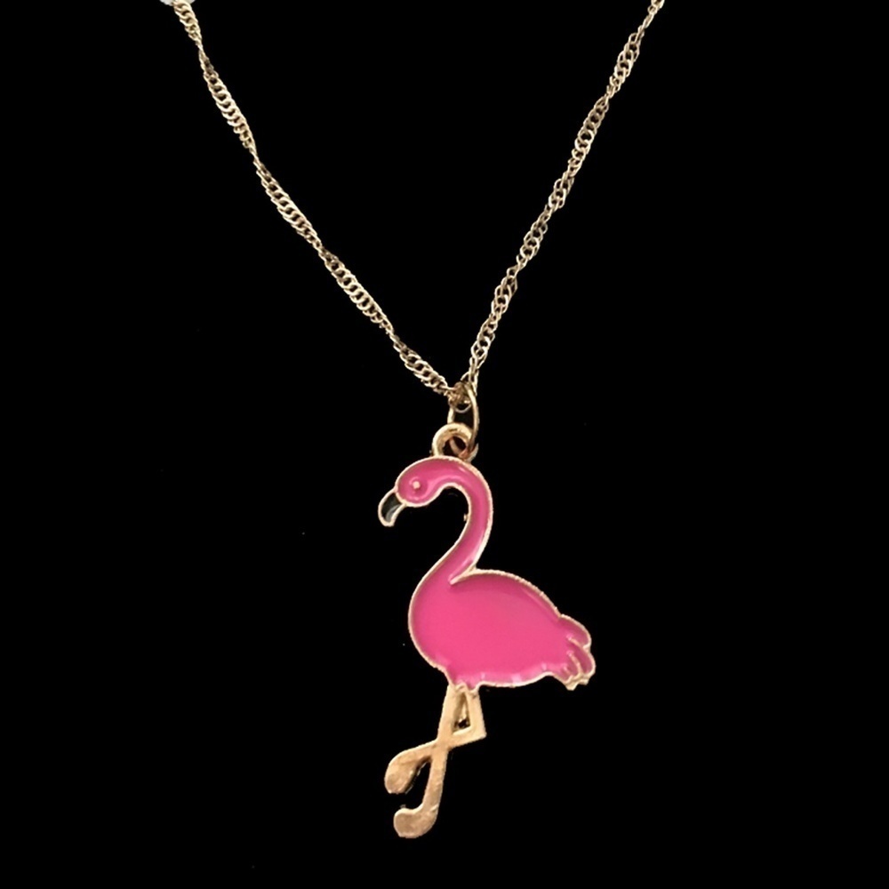 PINK Flamingo Hand Crafted Necklace Gold plated Water Wave Chain